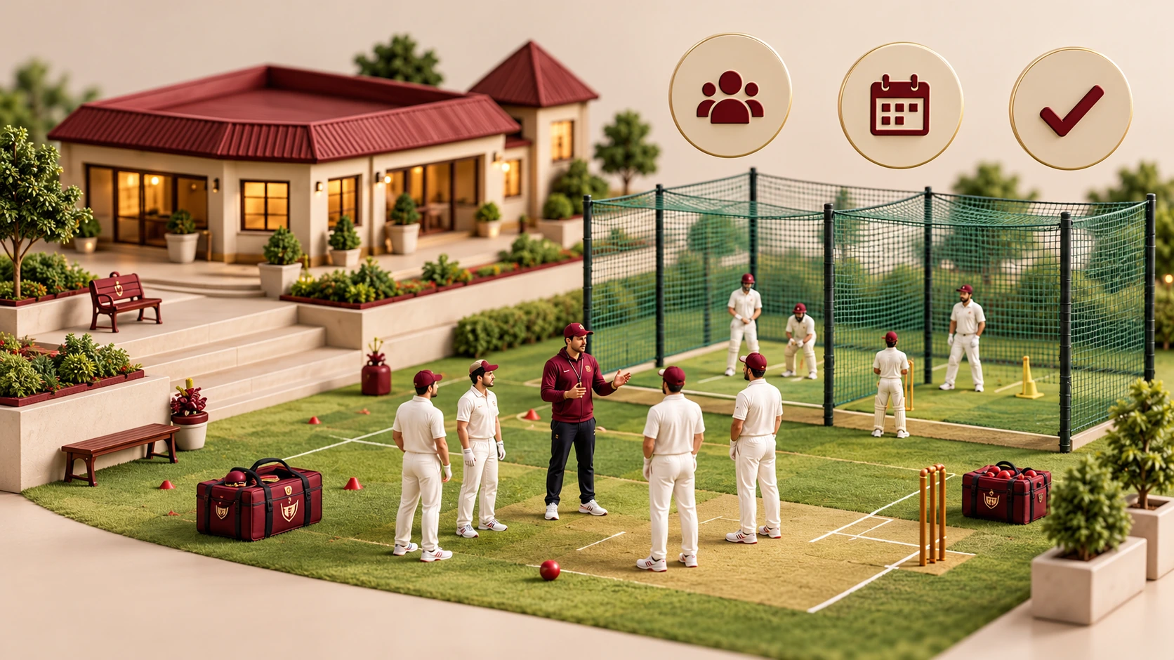 A miniature cricket academy with pavilion, practice nets, coaching group and people, calendar and check icons.
