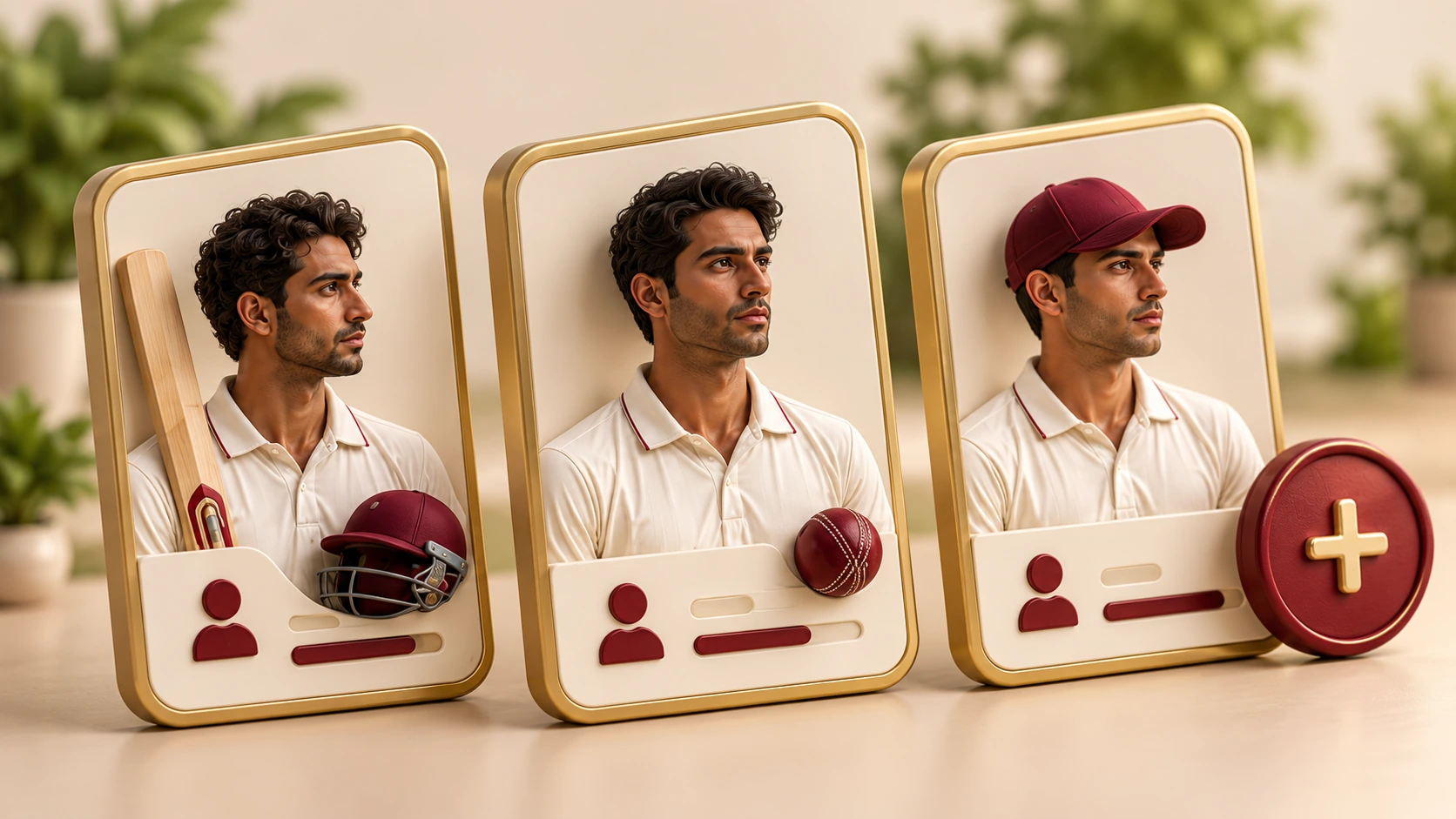 Three gold-edged cricket student profile cards and a burgundy add button.