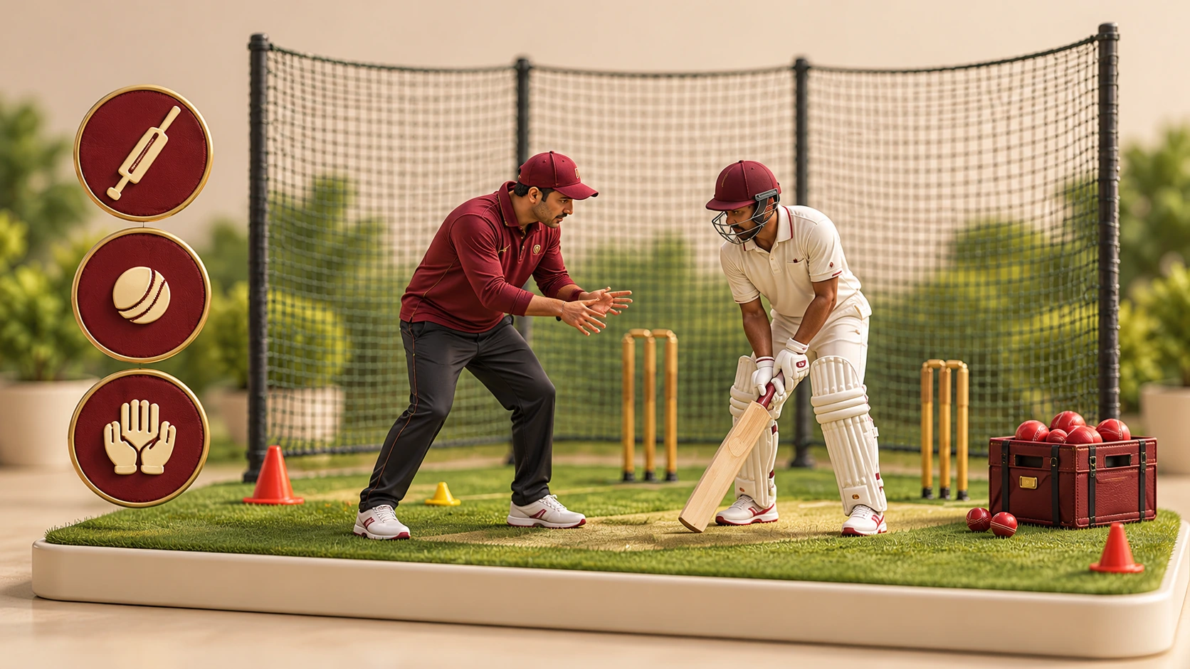 A miniature coach guiding a batter at the nets, with batting, bowling and fielding badges.