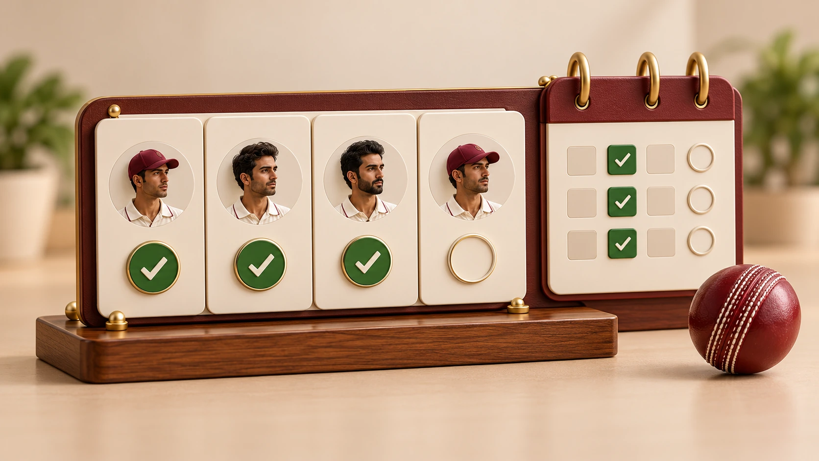 A miniature attendance board with student portraits, green checkmarks and a calendar.