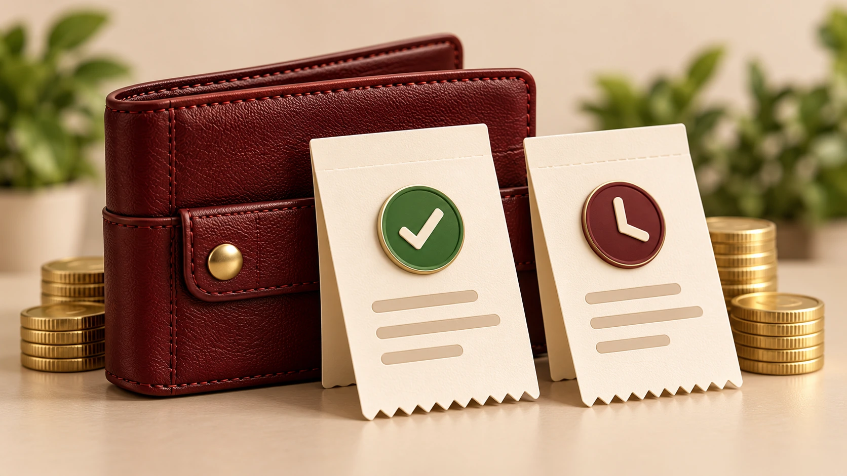 A burgundy leather wallet, coins and receipt slips showing completed and pending fee records.
