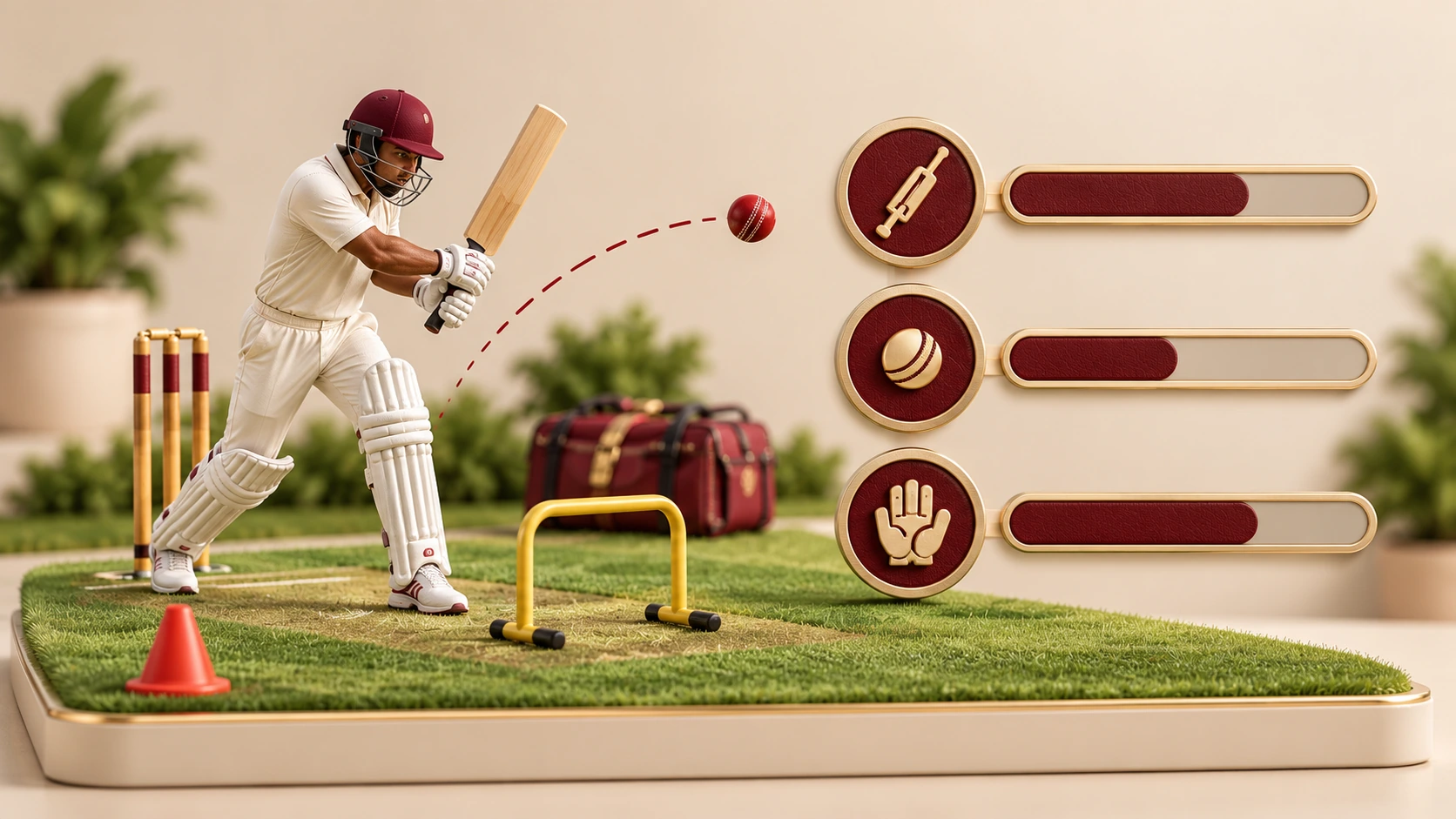 A miniature batter practicing with agility equipment and three cricket skill progress indicators.