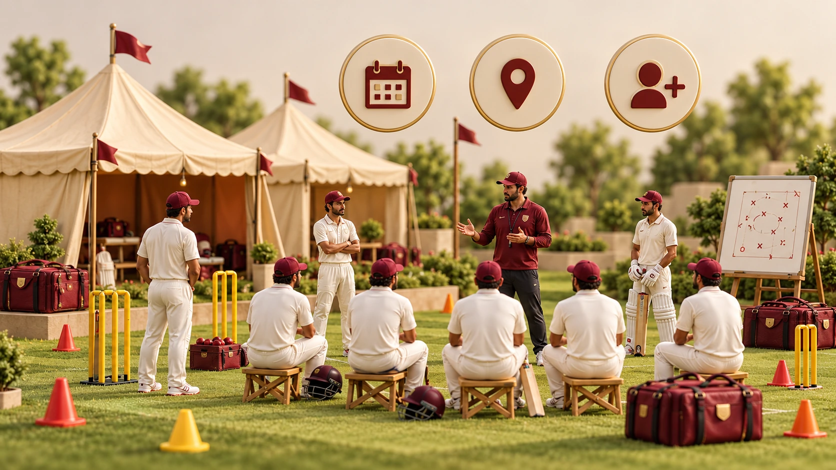 A miniature cricket camp with tents, coach, seated trainees and calendar, location and registration icons.