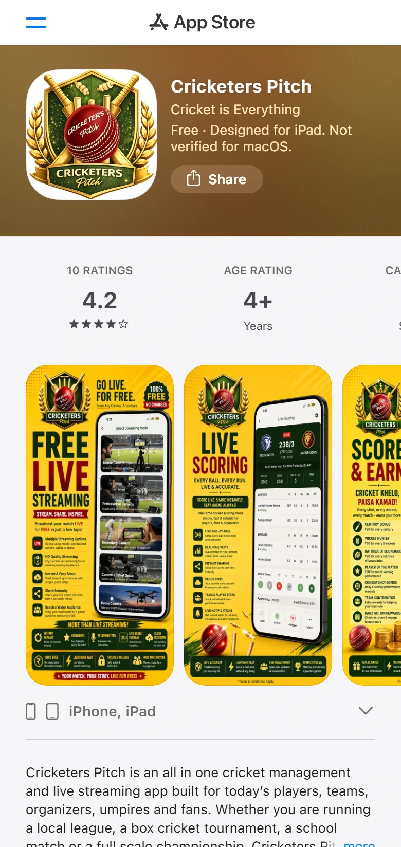 Cricketers Pitch app listing on the Apple App Store