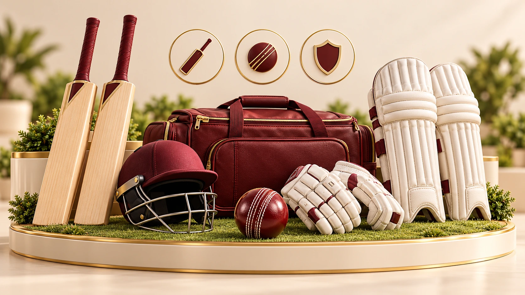 A miniature cricket kit display with bats, helmet, pads, gloves, ball and burgundy kitbag.