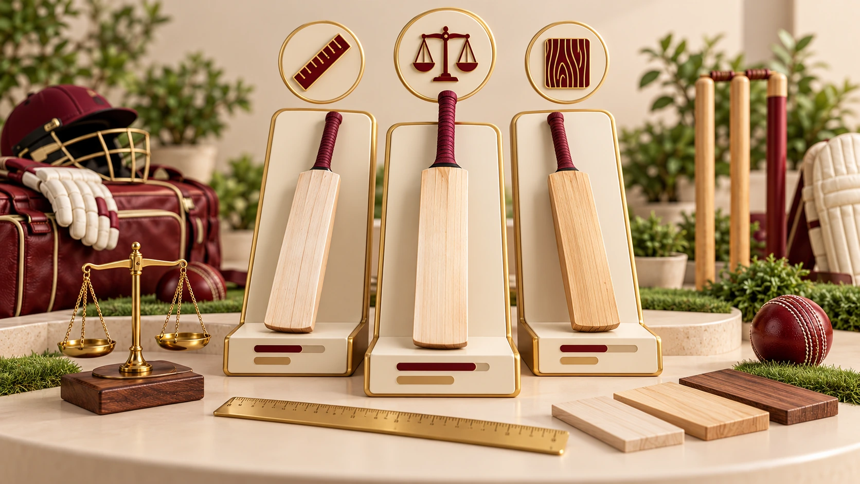 Three cricket bats on comparison stands, with ruler, weight and wood-grain symbols.