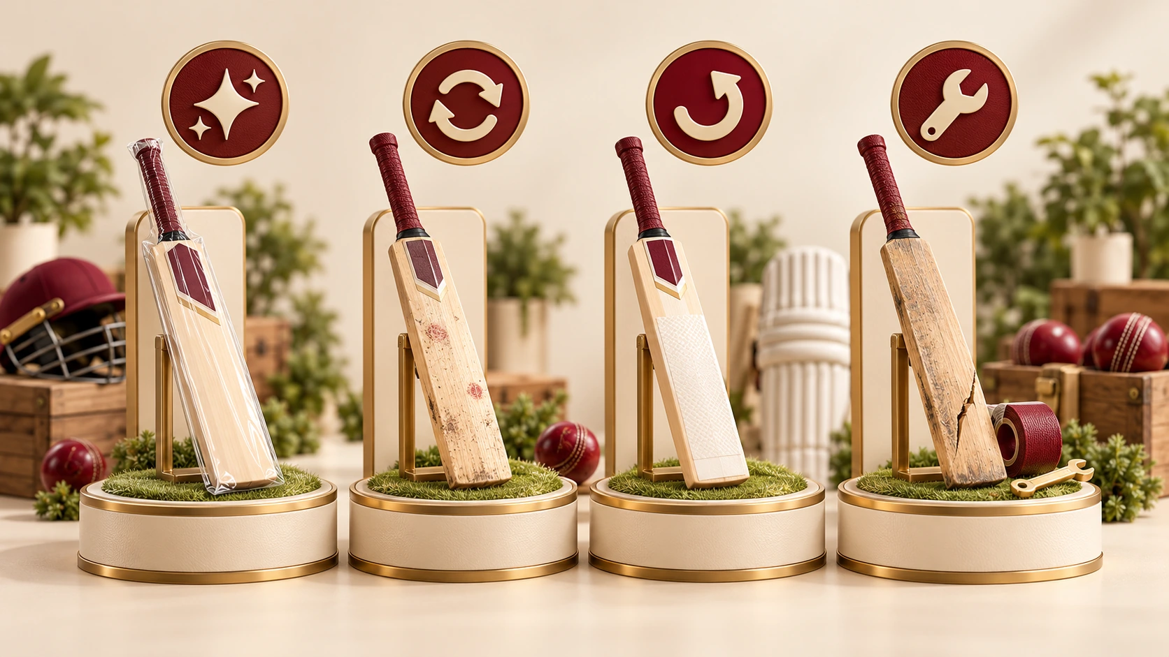 Four cricket bats illustrating new, pre-owned, restored and repairable equipment.