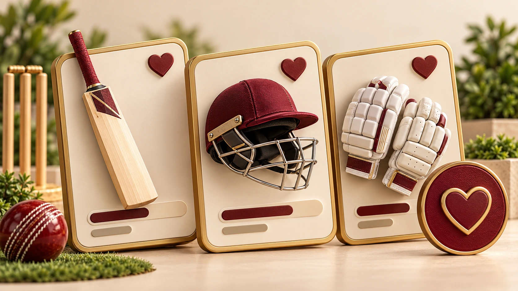 Three saved cricket product cards with hearts: bat, helmet and batting gloves.