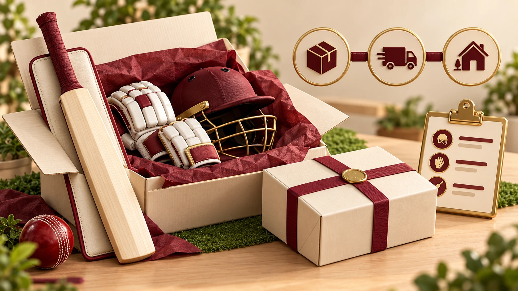 Cricket gear in parcels with package, truck and home tracking symbols.