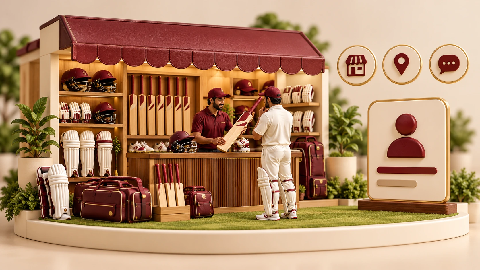 A miniature cricket equipment shop with seller profile, location and enquiry symbols.