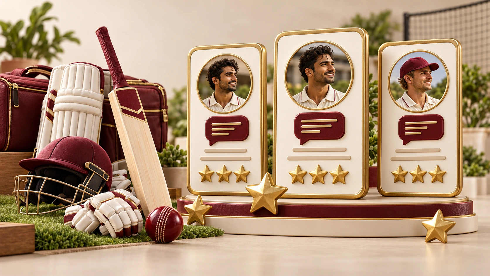 Illustrative player feedback cards with portraits, speech bubbles and decorative stars.