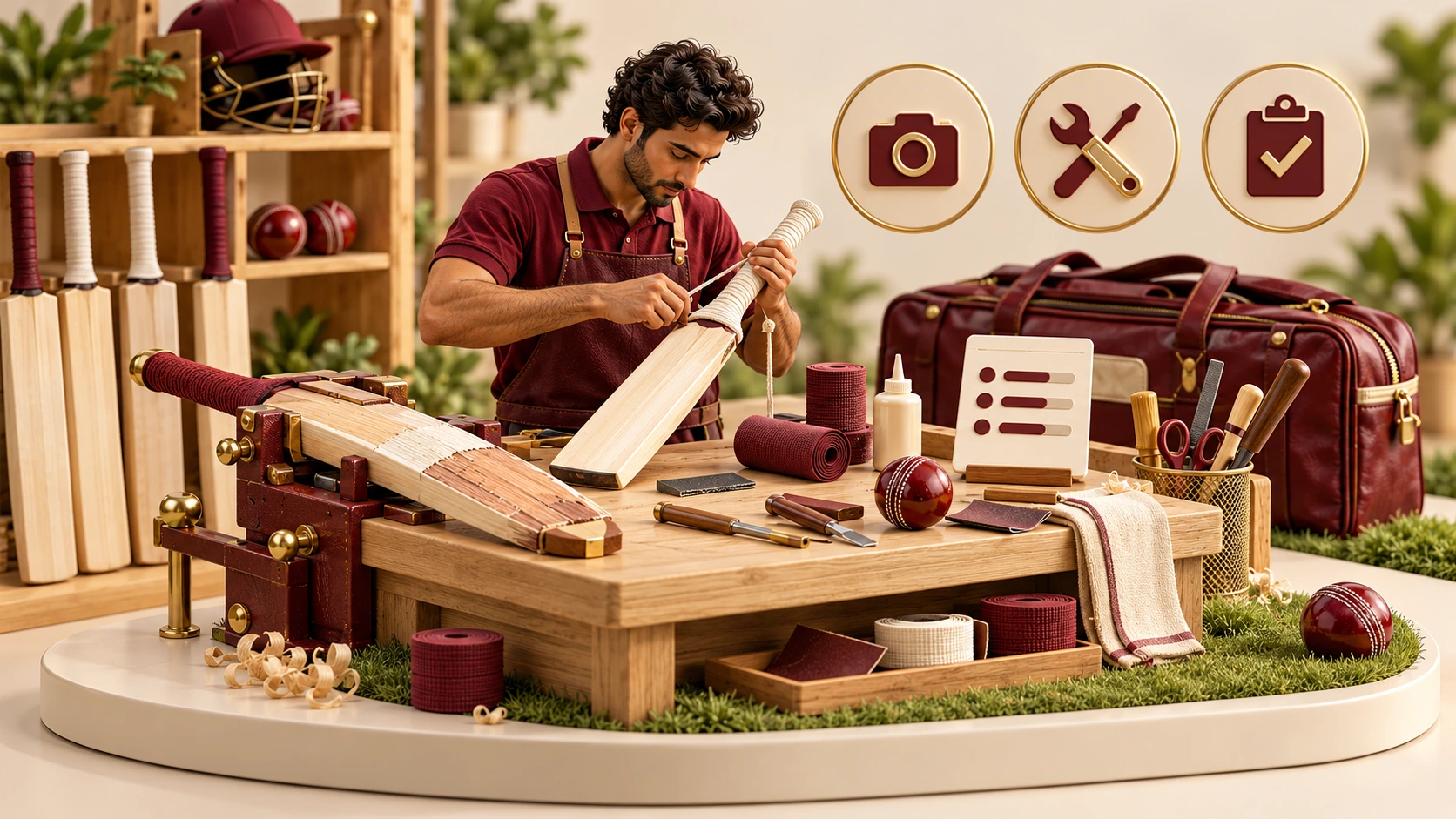 A miniature cricket bat repair workshop with photos, assessment and repair status symbols.
