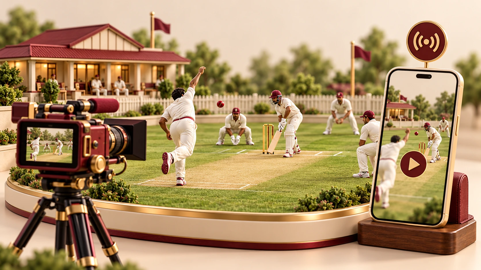 Miniature cricket match filmed by a tripod camera and shown on a phone with a play symbol.