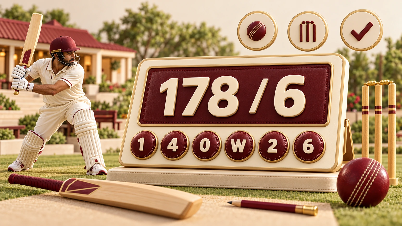 A miniature scoring tablet with an illustrative 178 for 6 score, delivery markers and cricket equipment.