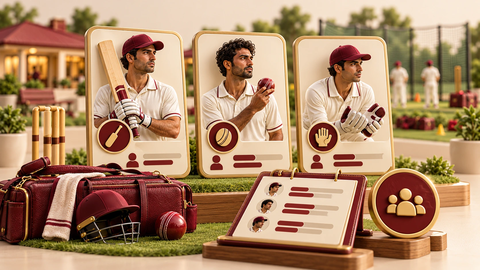 Miniature cricket player profile cards with batting, bowling and wicketkeeping role medallions.