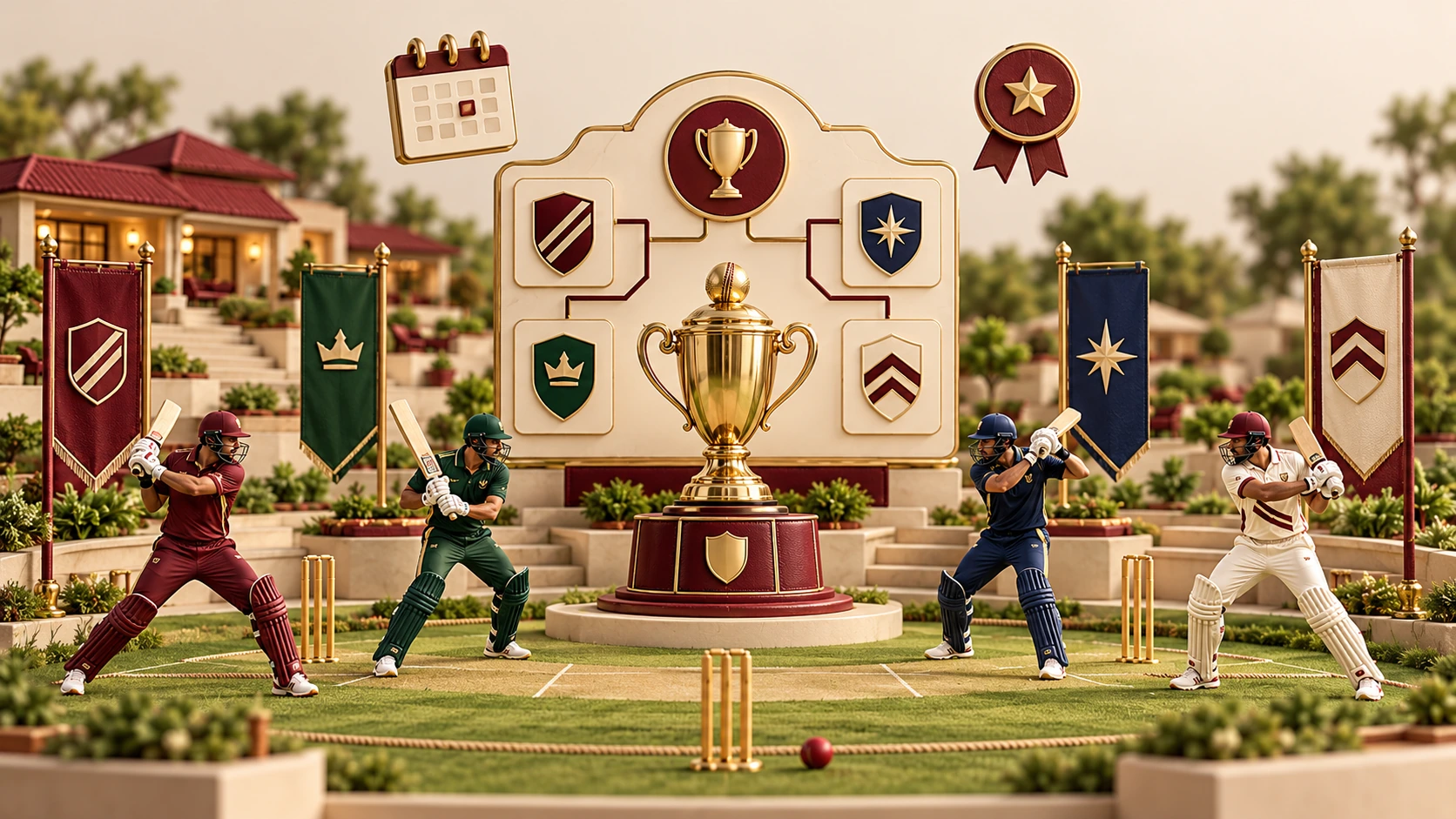 A miniature cricket tournament trophy, four team crests and a physical fixture bracket.