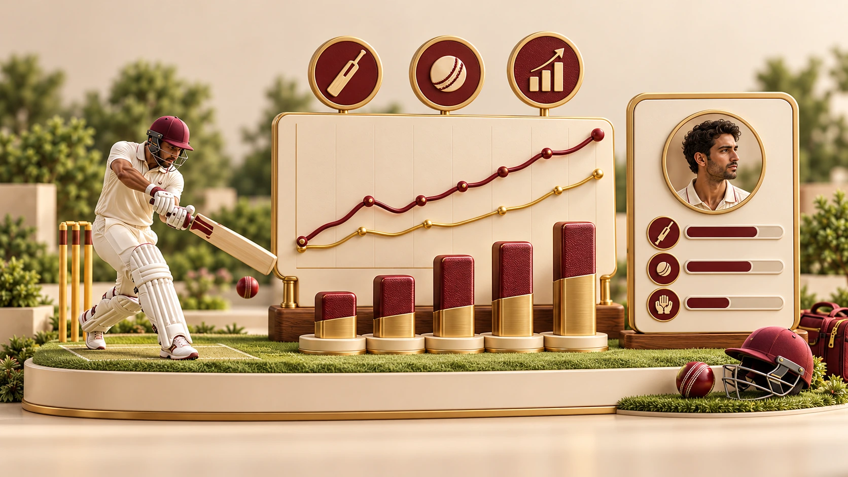 A miniature cricket performance board with bars, a line chart and batting and bowling symbols.